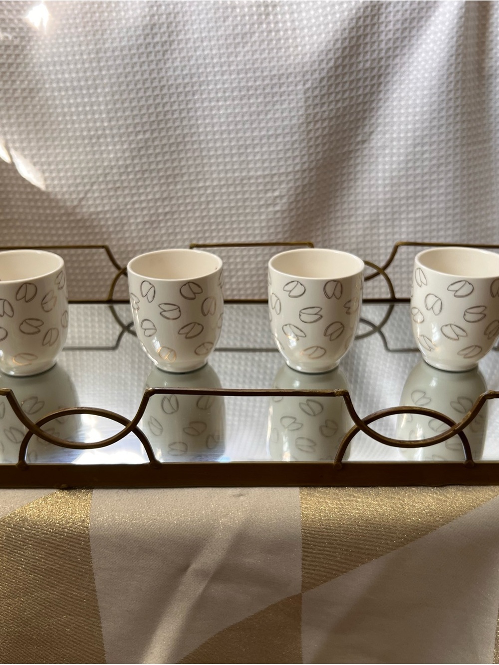 Cost Plus World Market White Ceramic Espresso Cups with Gold-Tone Mirror Tray